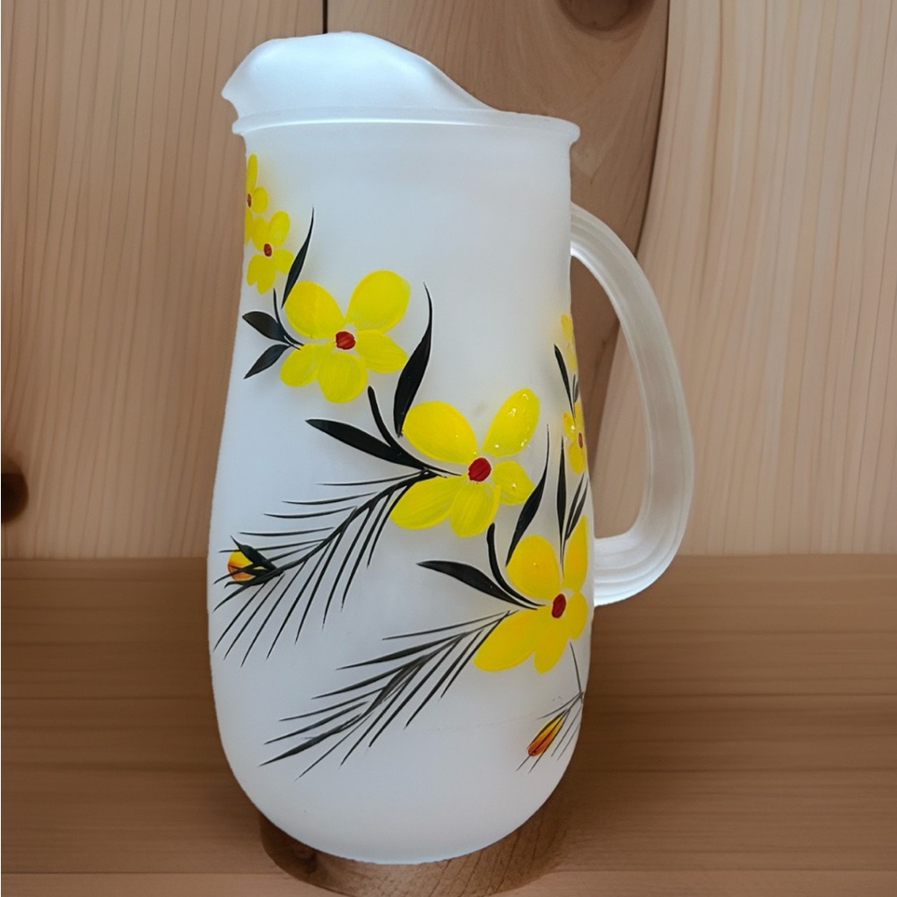 MCM GAY FAD Frosted Glass Yellow Floral Pitcher Hazel-Atlas Hand Painted 8”